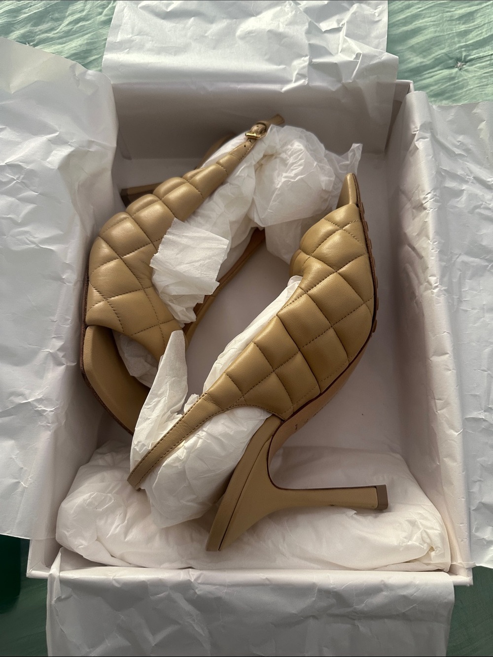 Bottega Veneta Quilted Tan Slingback Stiletto Heels
